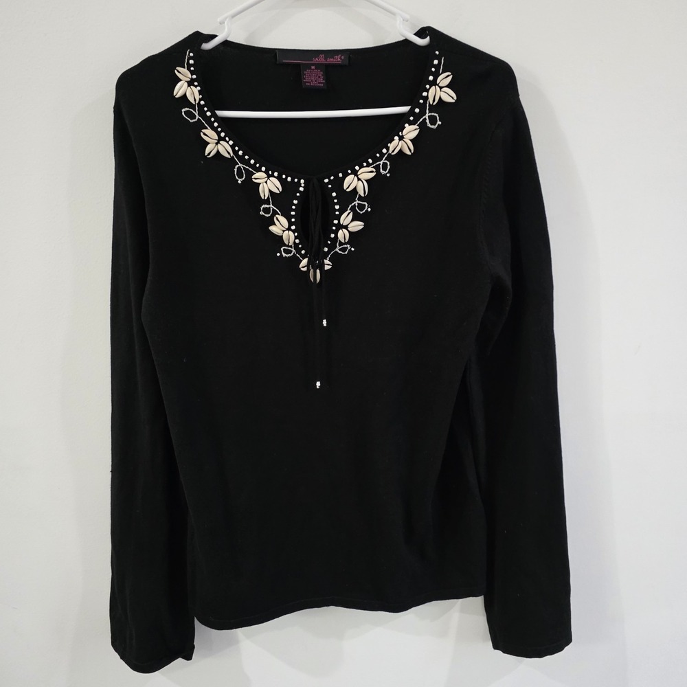 Womens Top Size Medium Black Seashells Beaded Nautical Coastal Euro Summer